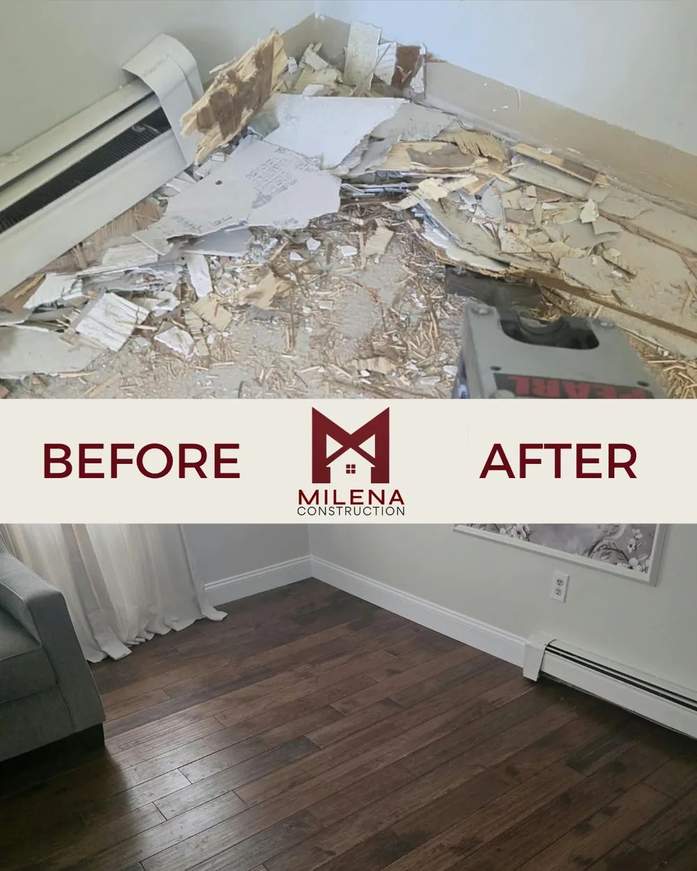Before and after: demolished room finished with new dark hardwood flooring and baseboard