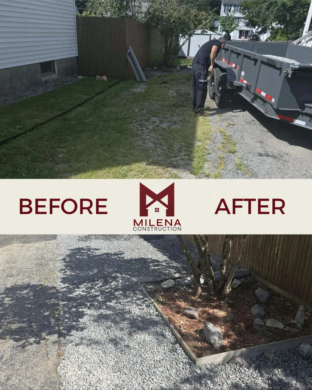 Before and after: worn side yard turned into a gravel driveway with an edged mulch bed
