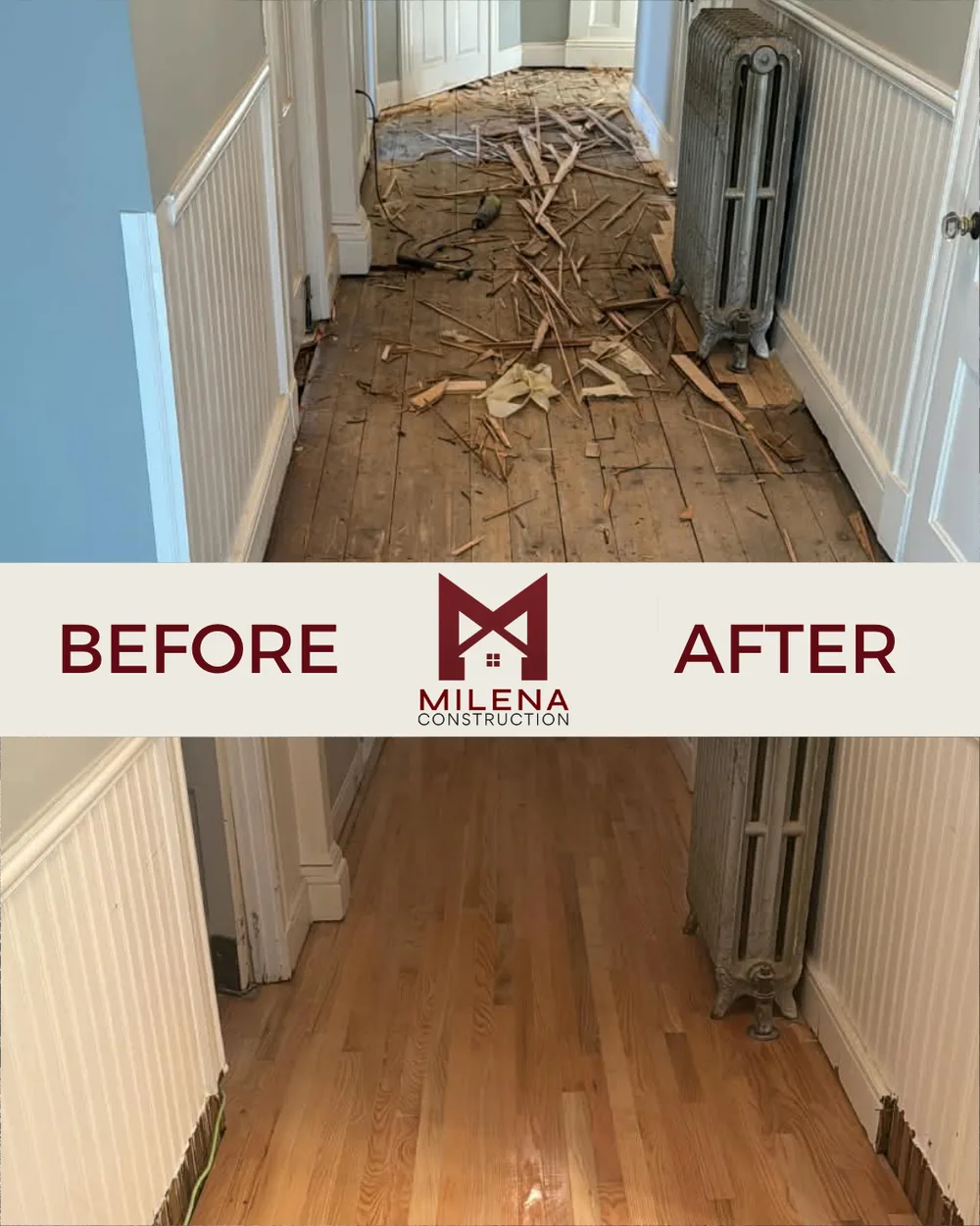 Before and after: torn-up hallway floor refinished to natural oak hardwood