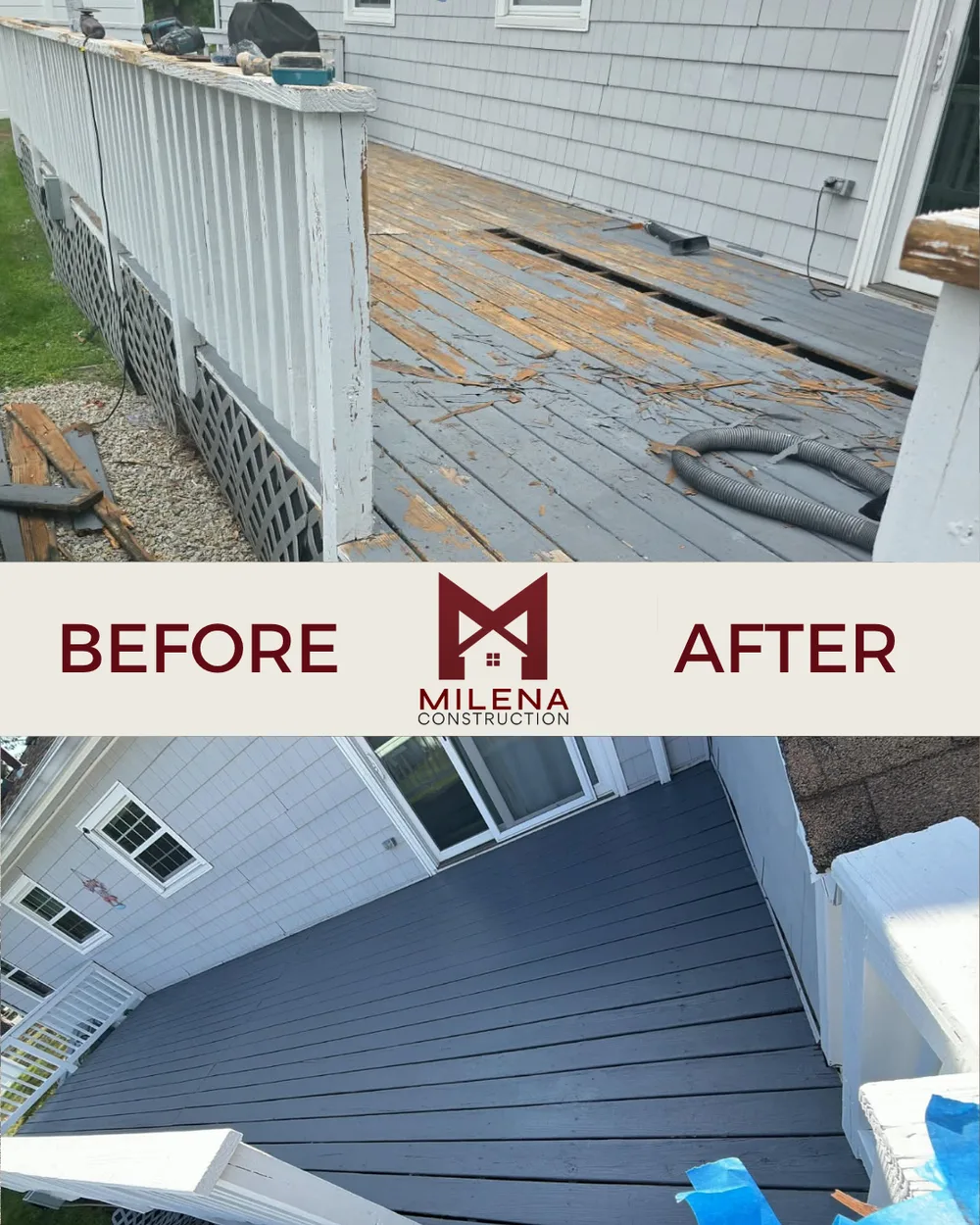 Before and after: peeling porch deck repaired and repainted in slate gray