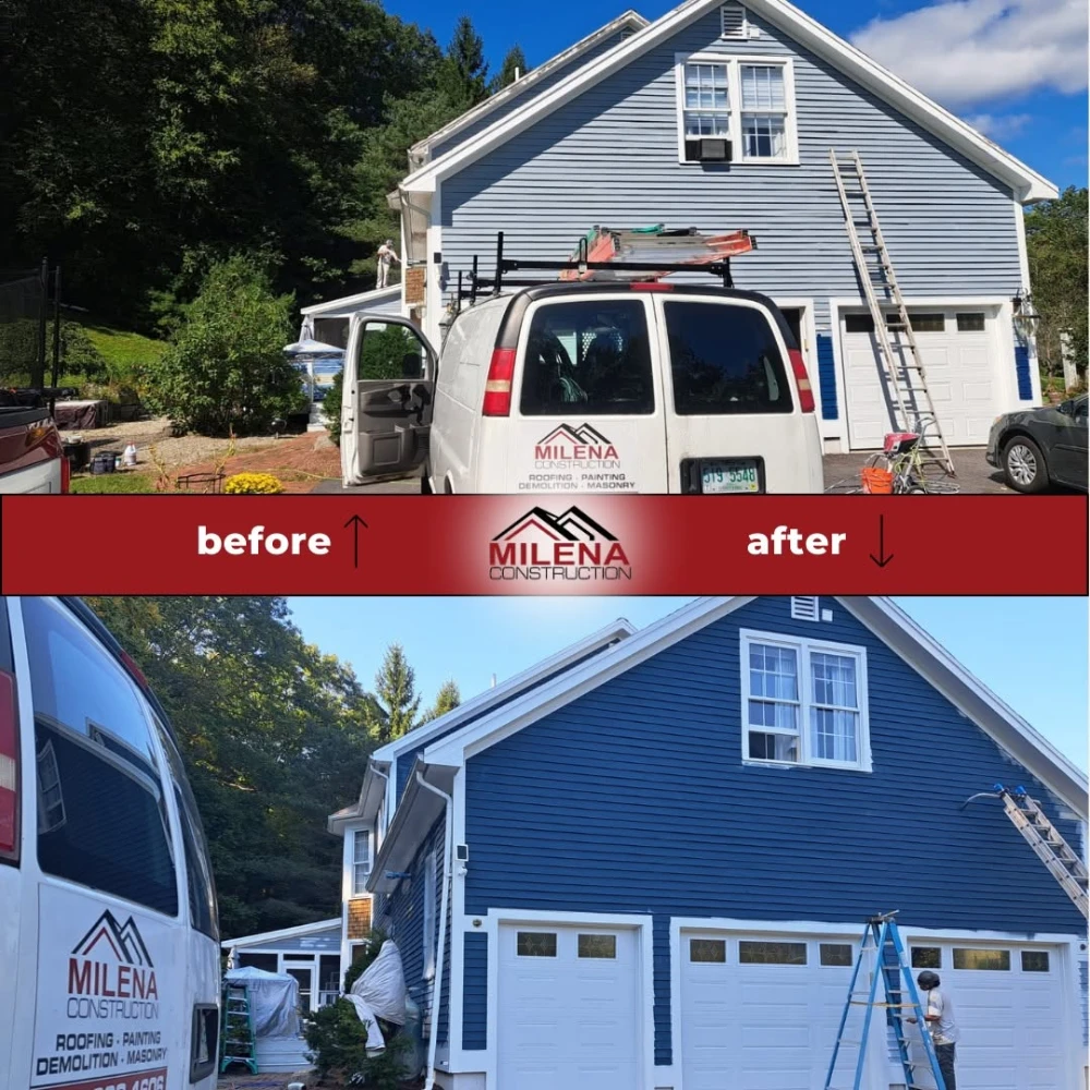 Before and after: full exterior repaint on a blue New Hampshire home